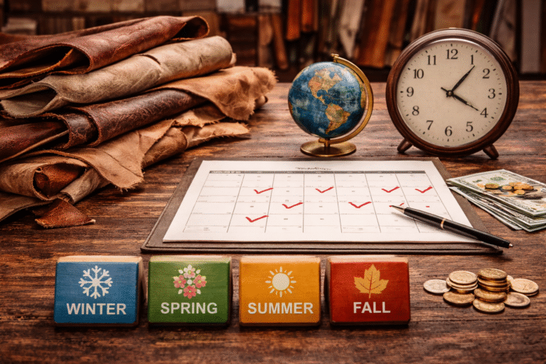 Best time to buy raw leather shown with seasonal calendar, leather hides, and global trade elements on table