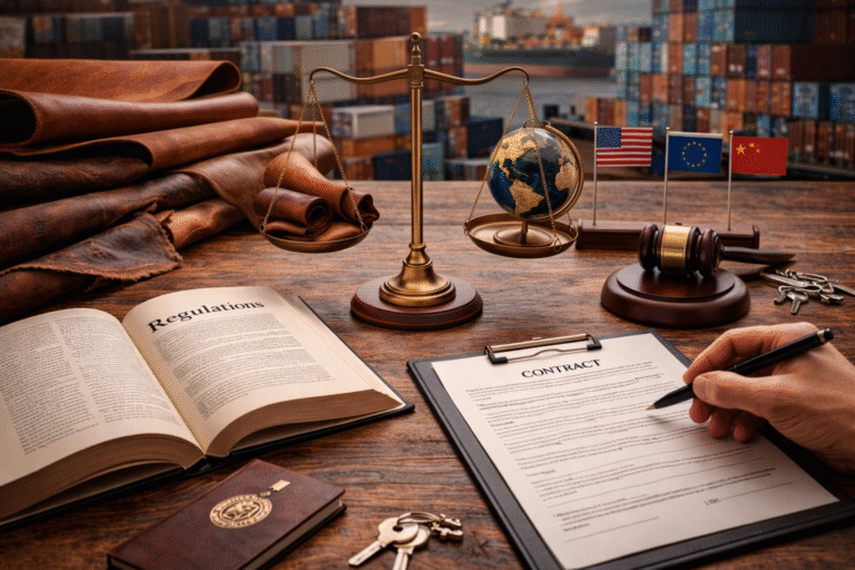 Leather export regulations represented with legal documents, leather hides, and global trade elements on a desk