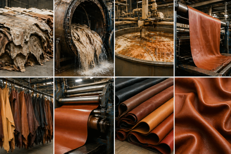 Collage showing leather manufacturing stages from raw hides to finished leather with tanning drums, processing machines, drying systems, and premium leather sheets in a modern factory.