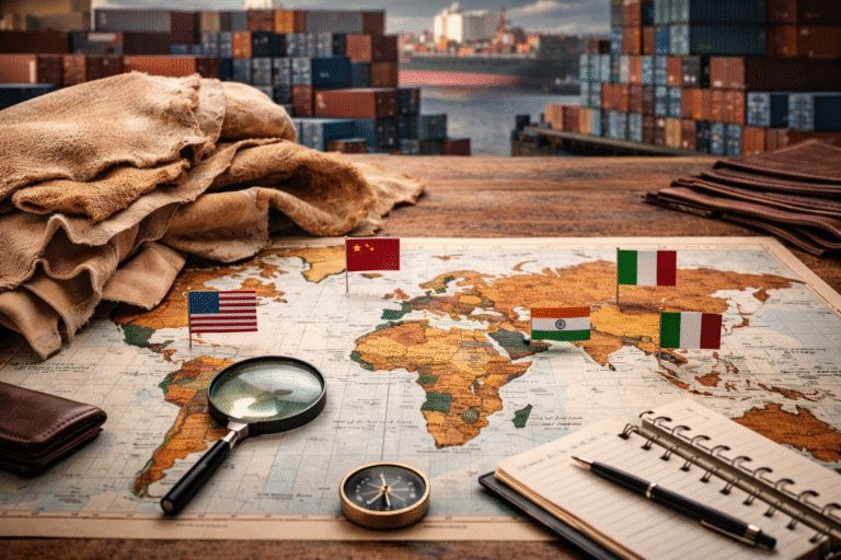 Raw leather importing countries shown on world map with leather hides and global trade background