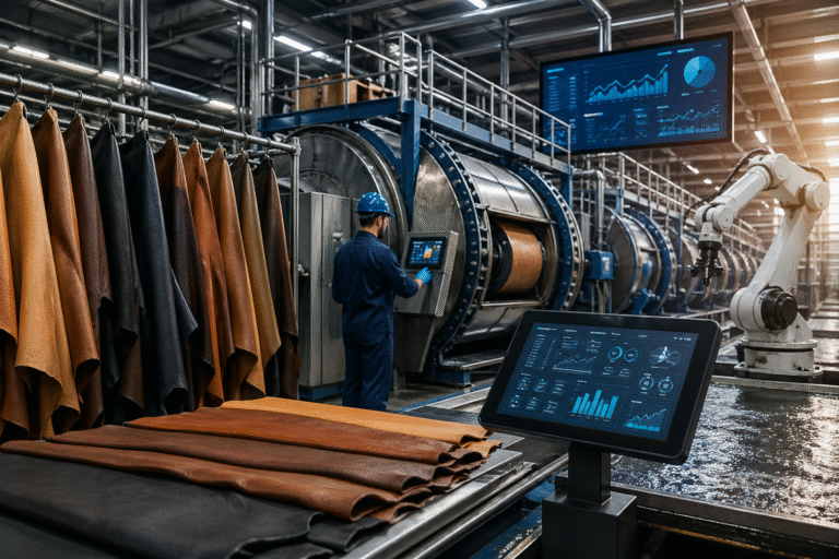 Advanced leather tannery with automated machinery, robotic systems, digital control panels, and leather hides illustrating technology in leather processing transforming the industry.