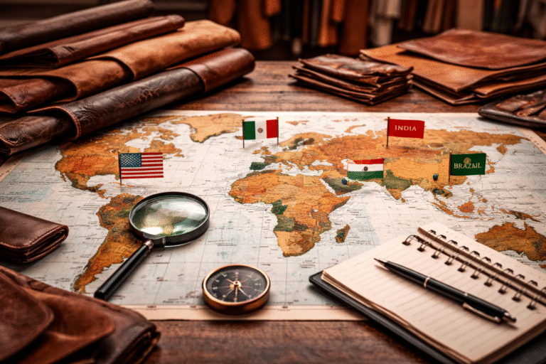 Top leather exporting countries shown on world map with leather products and global trade context