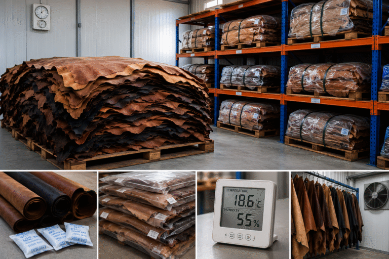 Raw leather hides stored in a controlled warehouse with shelves, pallets, humidity monitoring, ventilation, and preservation methods showing how to store raw leather properly to maintain quality.